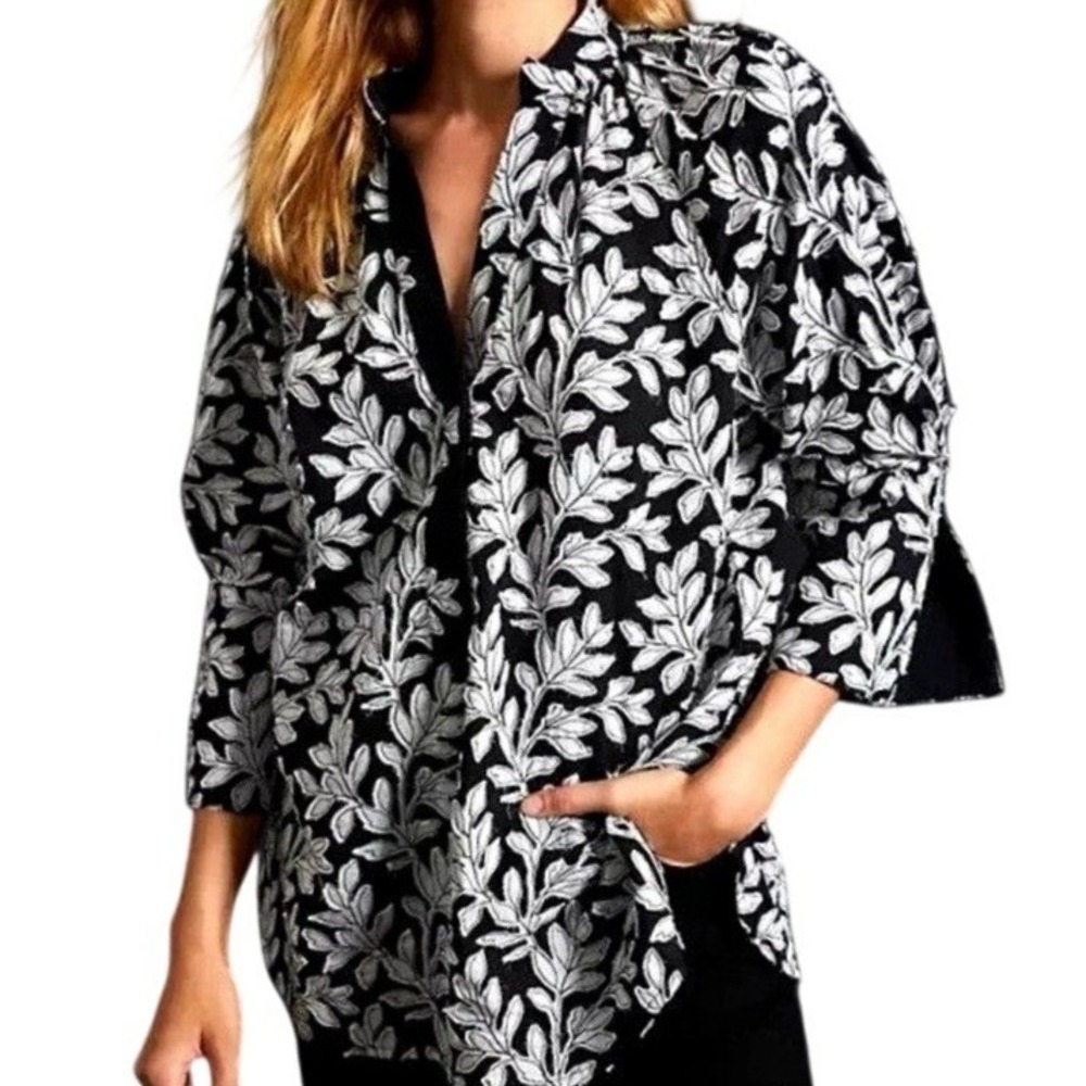 Anthropologie Oversized Cotton Popover Blouse XS Black White Leaf Bell Sleeve